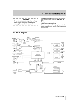Page 8 
1 - Introduction to the DA-40 
  TASCAM  DA-40   
8 
WARNING  
Do not attempt to use the tape deck with any 
remote control unit except one designed  
especially for use with this tape deck. 
The   
CONTROL I/O  
 connector is for use with suit-
ably-equipped control units (see   
CONTROL I/O 
[34]  
). 
1.5.5 Power connections 
Make sure that your AC voltage supply matches the 
voltage requirements of the tape deck (as printed on 
the rear panel). 
1.6 Block Diagram 