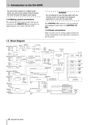 Page 8 
1 - Introduction to the DA-45HR 
8 
  TASCAM DA-45HR 
the word clock master for a digital audio 
setup, any word clock slaves should receive  
the clock through the digital audio signal. 
1.5.4 Making control connections 
The optional RC-D45 remote control unit may be 
connected to the  
REMOTE IN
 
 jack, using the 5 m 
(approximately 16 ft) cable of the RC-D45.
 
WARNING  
Do not attempt to use the tape deck with any 
remote control unit except one designed  
especially for use with this tape deck....