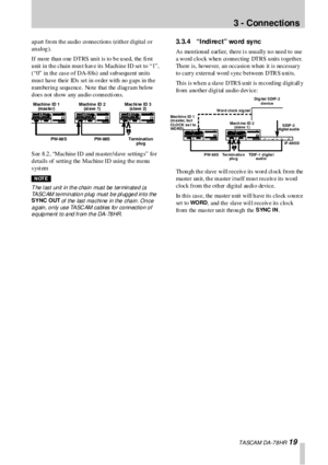 Page 193 - Connections
 TA SCA M DA -7 8 HR 19
ap art fro m th e au dio  co nn ection s (eith er d igital o r 
analog).
If mo re than  o ne DTRS un it is to b e u sed, the fi rst  
u nit  in  th e chain  mus t h av e its  Mach in e  ID set  to  “1”, 
(“0” in the case of DA-88s) and subsequent units 
mus t have their IDs set in  o rder with  no  g aps in  th e 
numbering sequence. Note that the diagram below 
d oe s  n ot sh ow  a ny a u dio  c o nn e cti on s.
S ee 8 .2 , “Machin e ID and  master/slave setting...