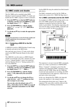 Page 6262 TASCAM DA-78HR
10 -  MIDI control
10.1 MMC enable and disable
T he  D A- 7 8H R c a n b e c o ntr olle d  usin g M I DI  
Machine Control Commands (MMC). To enable and 
disabl e the DA-78HR’s response to these commands:
1
Press the 
SHIFT key so that the SHIFT indicator 
is  fla shing , a nd then press the 
ME NU key until 
t he displa y sh ows 
MIDI-- (MI DI -- ).
2
Press the 
S UB M ENU key  until the displa y 
shows 
MIDI  on or  MIDI OFF (MIDI ON or  
MIDI OFF).
3
Us e the s a nd t keys  to make...