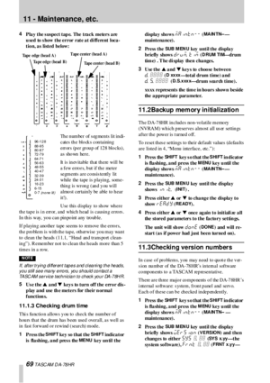 Page 6911 -  Maintenance,  etc.
69 T A SC AM  D A- 78 HR
4
Play the s uspect tap e. The track meters are 
u sed  to s how  the error  rate at di fferent  loca-
tio n, a s listed below:
Th e n umber  of s eg men ts  lit in di-
cates  the blocks containing 
e rr or s (p e r gr ou p of  12 8 blo c ks) ,  
as shown here.
It is in ev itable th at th ere will be 
a few erro rs, b ut if th e meter 
segments are co nsis tently  lit 
while the tape is p layin g, some-
thin g is wron g (an d y ou  will 
almost certainly...