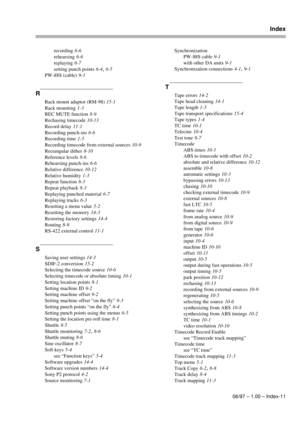 Page 104Index
06/97 – 1.00 – Index-11 recording
 6-6
rehearsing
 6-6
replaying
 6-7
setting punch points
 6-4, 6-5
PW-88S (cable)
 9-1
R
Rack mount adaptor (RM-98) 15-1
Rack mounting
 1-3
REC MUTE function
 8-9
Rechasing timecode
 10-13
Record delay
 11-1
Recording punch-ins
 6-6
Recording time
 1-5
Recording timecode from external sources
 10-9
Rectangular dither
 8-10
Reference levels
 8-6
Rehearsing punch-ins
 6-6
Relative difference
 10-12
Relative humidity
 1-3
Repeat function
 8-3
Repeat playback
 8-3...