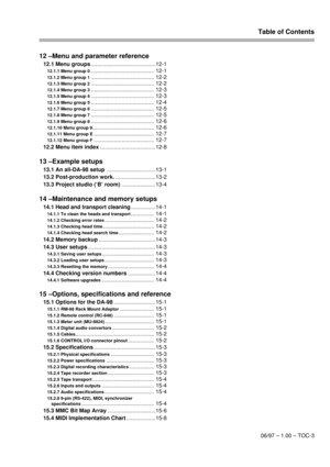 Page 6Table of Contents
06/97 – 1.00 – TOC-3
12 –Menu and parameter reference
12.1 Menu groups
..........................................12-1
12.1.1 Menu group 0......................................... 12-1
12.1.2 Menu group 1......................................... 12-2
12.1.3 Menu group 2......................................... 12-2
12.1.4 Menu group 3......................................... 12-3
12.1.5 Menu group 4......................................... 12-3
12.1.6 Menu group...