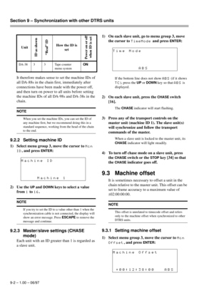 Page 51Section 9 – Synchronization with other DTRS units  
9-2 – 1.00 – 06/97
It therefore makes sense to set the machine IDs of 
all DA-88s in the chain first, immediately after 
connections have been made with the power off, 
and then turn on power to all units before setting 
the machine IDs of all DA-98s and DA-38s in the 
chain.
9.2.2 Setting machine ID
1) Select menu group 3, move the cursor to Mcn
ID
, and press ENTER:
2) Use the 
UP and DOWN keys to select a value 
from 
1 to 16.
9.2.3 Master/slave...