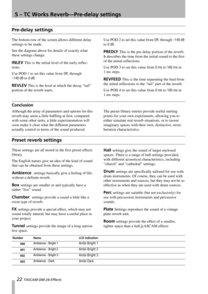 Page 225 – TC Works Reverb—Pre-delay settings
22 TASCAM DM-24 Effects
Pre-delay settings
The bottom row of the screen allows different delay 
settings to be made.
See the diagram above for details of exactly what 
these settings change.
INLEV This is the initial level of the early reflec-
tions. 
Use POD 1 to set this value from 
Off, through 
–140 dB to 0dB.
REVLEV This is the level at which the decay “tail” 
portion of the reverb starts. Use POD 2 to set this value from 
Off, through –140 dB 
to 
0dB.
PREDLY...