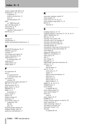 Page 144Index  N - S
Index - 144 TASCAM DM-24
monitor outputs (CR (BAL)) 29
monitoring 73, 107, 115, 115
assignments 73
monitor selection keys 32
mono 61
surround patterns 107
MTC
see “MIDI timecode”
mute and fader groups 51
mute group 22, 76
mute groups 69
copying to fader groups 71
MUTE keys 33
N
naming 101
normalization 51
number and predefined function keys 31
O
OL/STATUS indicators 20, 33
OPTION screen 20
oscillator 77
out of range clock signals 26
output assignments 42, 42
output busses 8, 37
in surround...