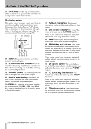 Page 324 – Parts of the DM-24—Top surface
32 TASCAM DM-24 Reference Manual
aENTER key Use this key to confirm entries 
and to answer “yes” to questions (the cursor keys are 
usually used to cancel or answer “no”).
Monitoring section
This section is used to control what is heard from the 
control room and the studio monitoring systems. 
Since many of the choices here are “soft” choices 
(that is, determined by the software), the full expla-
nation of these keys and indicators is provided in a 
separate section...