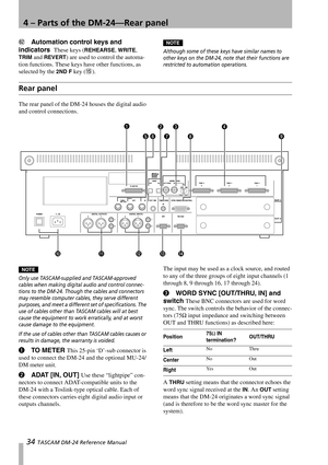 Page 344 – Parts of the DM-24—Rear panel
34 TASCAM DM-24 Reference Manual
SAutomation control keys and 
indicators  
These keys (REHEARSE, WRITE, 
TRIM and REVERT) are used to control the automa-
tion functions. These keys have other functions, as 
selected by the 
2ND F key (F).
NOTE
Although some of these keys have similar names to 
other keys on the DM-24, note that their functions are 
restricted to automation operations.
Rear panel
The rear panel of the DM-24 houses the digital audio 
and control...