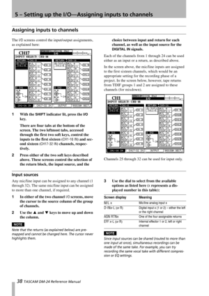 Page 385 – Setting up the I/O—Assigning inputs to channels
38 TASCAM DM-24 Reference Manual
Assigning inputs to channels
The I/O screens control the input/output assignments, 
as explained here:
1With the 
SHIFT indicator lit, press the I/O 
key. 
There are four tabs at the bottom of the 
screen. The two leftmost tabs, accessed 
through the first two soft keys, control the 
inputs to the first sixteen (
CH1-16 IN) and sec-
ond sixteen (
CH17-32 IN) channels, respec-
tively.
2Press either of the two soft keys...