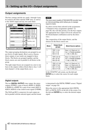 Page 425 – Setting up the I/O—Output assignments
42 TASCAM DM-24 Reference Manual
Output assignments
The buss settings and the aux sends 1 through 4 may 
be routed to the three internal TDIF slots, as well as 
to the ADAT output and any slot cards fitted.
The output grouping destinations are grouped in out-
put blocks of eight signals. Block sources (busses, 
direct outputs or aux sends) are mapped to these 
blocks. The blocks are grouped together, and the 
block sources are sent in parallel to all blocks in...