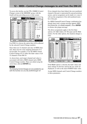 Page 9712 – MIDI—Control Change messages to and from the DM-24
 TASCAM DM-24 Reference Manual 97
To access this facility, use the CTRL. CHANGE (Control 
Change) screen of the MIDI/MC group, with the 
fourth soft key providing access to this screen:
Use POD 4 to choose the option that will be affected 
by the selected Control Change numbers. 
Since there are 32 channels and only 16 MIDI chan-
nels, there must be some mapping performed. It is 
not possible, for example, to use the MIDI volume 
Control Change (07)...