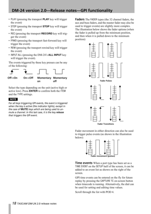 Page 1818 TASCAM DM-24 2.0 release notes
 DM-24 version 2.0—Release notes—GPI functionality
•PLAY (pressing the transport PLAY key will trigger 
the event)
•
STOP (pressing the transport STOP key will trigger 
the event)
•
REC (pressing the transport RECORD key will trig-
ger the event)
•
FFWD (pressing the transport fast-forward key will 
trigger the event)
•
REW (pressing the transport rewind key will trigger 
the event)
•
INPUT ALL (pressing the DM-24’s ALL INPUT key 
will trigger the event).
The events...