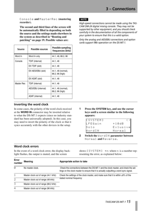 Page 153 – Connections
  TASCAM DS-M7.1 15
Console and MasterRec (mastering 
recorder).
The second and third lines of the screen will 
be automatically filled in depending on both 
the source and the settings made elsewhere in 
the system as described in “Routing and 
patching” on page 19. Possible values are:NOTE
High-speed connections cannot be made using the TAS-
CAM DM-24 digital mixing console. They may not be 
supported by other equipment, and you should check 
carefully in the documentation of all the...