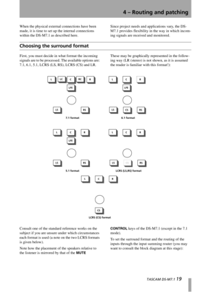 Page 19  TASCAM DS-M7.1 19
4 – Routing and patching
When the physical external connections have been 
made, it is time to set up the internal connections 
within the DS-M7.1 as described here.Since project needs and applications vary, the DS-
M7.1 provides flexibility in the way in which incom-
ing signals are received and monitored.
Choosing the surround format
First, you must decide in what format the incoming 
signals are to be processed. The available options are: 
7.1, 6.1, 5.1, LCRS (LS, RS), LCRS (CS)...