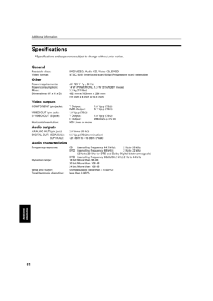 Page 64 
Additional information 
61 
Additional 
information
 
Speciﬁcations 
*Speciﬁcations and appearance subject to change without prior notice.\
 
General 
Readable discs: DVD VIDEO, Audio CD, Video CD, SVCD 
Video format: NTSC, 525i (Interlaced scan)/525p (Progressive scan) selectable 
Other 
Power requirements: AC 120 V , 60 Hz
Power consumption: 14 W (POWER ON), 1.3 W (STANDBY mode)
Mass: 3.2 k  
g  
 (7.1 lbs)
Dimensions (W x H x D): 482 mm x 103 mm x 268 mm (19 inch x 4 inch x 10.6 inch) 
Video outputs...
