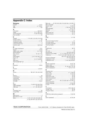 Page 68 
Appendix C: Index 
Numerics
 
3D SSP  ........................................................................\
..... 34, 51 
525i ...................................................................\
........ 6, 7, 59, 61
525p ...................................................................\
................ 7, 62
 
A
 
A-B repeat .................................................................. 28, 36, 37
Angle .............................................................. 15, 17, 29, 31, 37
Audio...