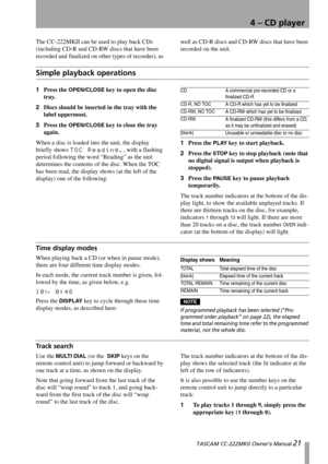 Page 21 TASCAM CC-222MKII Owner’s Manual 21
4 – CD player
The CC-222MKII can be used to play back CDs 
(including CD-R and CD-RW discs that have been 
recorded and finalized on other types of recorder), as well as CD-R discs and CD-RW discs that have been 
recorded on the unit.
Simple playback operations
1Press the OPEN/CLOSE key to open the disc 
tray.
2Discs should be inserted in the tray with the 
label uppermost.
3Press the 
OPEN/CLOSE key to close the tray 
again.
When a disc is loaded into the unit, the...