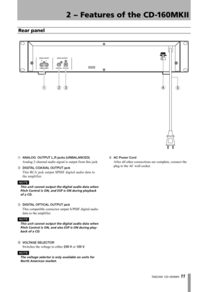 Page 11
TASCAM  CD-160MKll 11

2 − Features of the CD-160MKII

Rear panel
1 ANALOG  OUTPUT L,R jacks (UNBALANCED) 
Analog 2-channel audio signal is output from this jack.
2 DIGITAL COA XIAL OUTPUT jack 
This RCA jack out put SPDIF digital audio data to 
the amplif ier.
N O T E
	 This	unit	cannot	output	the	digital	audio	data	when	
Pitch	Control	is	ON,	and	ESP	is	ON	during	playback	
of	a	CD.
	
3 DIGITAL OPTICAL OUTPUT jack 
This compatible connector output S/PDIF digital audio 
data to the amplifier.
N O T E...