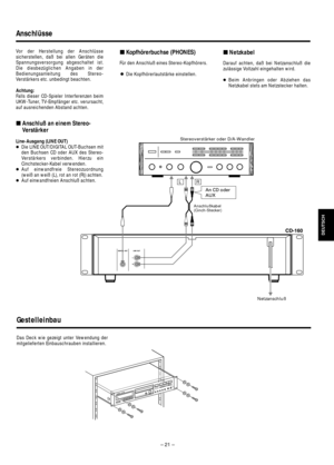 Page 21– 21 –
Anschlüsse
Vor der Herstellung der Anschlüsse
sicherstellen, daß bei allen Geräten die
Spannungsversorgung abgeschaltet ist.
Die diesbezüglichen Angaben in der
Bedienungsanleitung des Stereo-
Verstärkers etc. unbedingt beachten.
Achtung:
Falls dieser CD-Spieler Interferenzen beim
UKW-Tuner, TV-Empfänger etc. verursacht,
auf ausreichenden Abstand achten.
ªAnschluß an einem Stereo-
Verstärker
Line-Ausgang (LINE OUT)
…Die LINE OUT/DIGITAL OUT-Buchsen mit
den Buchsen CD oder AUX des Stereo-...