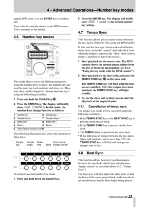 Page 234 • Advanced Operations—Number key modes
 TASCAM CD-302 23
tapped BPM value. Use the ENTER key to conﬁrm 
this.
If no value is currently shown on the BPM counter, 
120 is assumed as the default.
4.6 Number key modes
This mode allows you to set different parameters 
using the number keys. Usually, the number keys are 
used for entering track numbers and times, etc. How-
ever, they can be changed to “instant function keys”, 
using the following procedure.
1Press and hold the 
CLEAR key G.
2Press the
 ENTER...