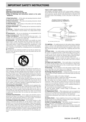 Page 3 
TASCAM  CD-450 
  
3  CAUTION:
 
É 
Read all of these Instructions. 
É 
Save these Instructions for later use. 
É 
Follow all Warnings and Instructions marked on the audio
equipment.
1) Read Instructions 
 — All the safety and operating instructions should
be read before the product is operated. 
2) Retain Instructions  
— The safety and operating instructions should
be retained for future reference. 
3) Heed Warnings 
 — All warnings on the product and in the operating
instructions should be adhered...