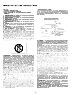 Page 2_ 
2_
IMPORTANT SAFETY INSTRUCTIONS
CAUTION:
ORead all of these Instructions.
OSave these Instructions for later use.
OFollow all Warnings and Instructions marked on the audio 
equipment.
1) Read Instructions— All the safety and operating instructions should
be read before the product is operated.
2) Retain Instructions — The safety and operating instructions should
be retained for future reference.
3) Heed Warnings— All warnings on the product and in the operating
instructions should be adhered to.
4)...