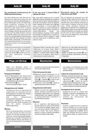 Page 15DEUTSCHESPAÑOL
Dolby NRDolby NRDolby NR
15
ITALIANO
Köpfe und Bandpfad sollten in
regelmäßigen Abständen gereinigt und
entmagnetisiert werden.
Reinigung des Bandpfades
