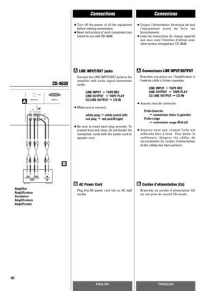 Page 16L LRRPLAY RECTAPE
L RINCD
ENGLISHFRANÇAIS
Connexions 
16
Connections
B
LINE INPUT/OUT jacks
Connect the LINE INPUT/OUT jacks to the
amplifier with audio signal connection
cords.
LINE INPUT wTAPE REC
LINE OUTPUT  wTAPE PLAY
CD LINE OUTPUT wCD IN
