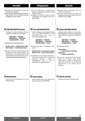 Page 17DEUTSCHESPAÑOL
Collegamento Anschluß Conexión 
17
ITALIANO
LINE INPUT/OUTPUT Buchsen
Verbinden Sie diese Buchsen mit dem
Verstärker mit Hilfe des Audio Kabels.
LINE INPUT wTAPE REC
LINE OUTPUT  wTAPE PLAY
CD LINE OUTPUT wCD IN
