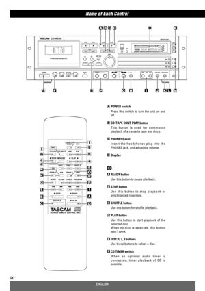 Page 20Name of Each Control
20
AGFHIJKLM
ECBAD
BC
D
ENGLISH
POWER switch
Press this switch to turn the unit on and
off.
CD-TAPE CONT PLAY button
This button is used for continuous
playback of a cassette tape and discs.
PHONES/Level
Insert the headphones plug into the
PHONES jack, and adjust the volume.
Display
CD
READY button
Use this button to pause playback.
STOP button 
Use this button to stop playback or
synchronized recording.
SHUFFLE button 
Use this button for shuffle playback.
PLAY button 
Use this...