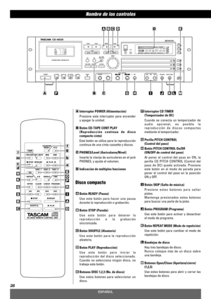 Page 28Nombre de los controles
28
AGFHIJKLM
ECBAD
BC
D
ESPAÑOL
Interruptor POWER (Alimentación) 
Presione este interruptor para encender
y apagar la unidad.
Botón CD-TAPE CONT PLAY
(Reproducción continua de disco
compacto-cinta)
Este botón se utiliza para la reproducción
continua de una cinta cassette y discos.
PHONES/Level (Auriculares/Nivel) 
Inserte la clavija de auriculares en el jack
PHONES, y ajuste el volumen. 
Indicación de múltiples funciones
Disco compacto
Botón READY (Pausa)
Use este botón para hacer...