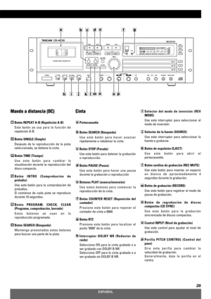 Page 29ESPAÑOL
29
Mando a distancia (DC)
Botón REPEAT A-B (Repetición A-B)
Este botón se usa para la función de
repetición A-B.
Botón SINGLE (Simple)
Después de la reproducción de la pista
seleccionada, se detiene la cinta.
Botón TIME (Tiempo)
Use este botón para cambiar la
visualización durante la reproducción del
disco compacto.
Botón INTRO (Comprobación de
preludio)
Use este botón para la comprobación de
preludios.
El comienzo de cada pista se reproduce
durante 10 segundos.
Botón PROGRAM, CHECK, CLEAR...
