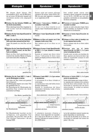 Page 31DEUTSCHESPAÑOL
Riproduzione 1Wiedergabe 1Reproducción 1
31
ITALIANO
CD
tiempo transcurrido
calendario musical Verstrichene Zeit
Der Musikkalendertempo trascorso
calendario dei brani Mit diesem Gerät können CDs
einschließlich CD-R- und CD-RW-Discs,
die auf einem CD-Recorder bespielt und
verarbeitet worden sind, abgespielt
werden.
Drücken Sie den Schalter POWER, um
das Gerät einzuschalten.
Wenn überhaupt keine Disc eingelegt ist,
wird no disc nach der Initialisierung
angezeigt.
Drücken Sie die Taste...