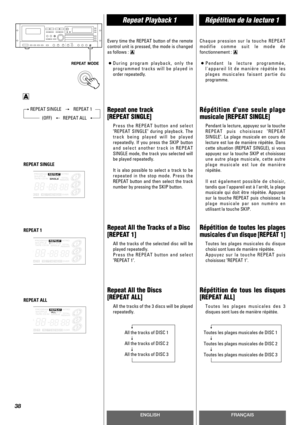 Page 38ENGLISHFRANÇAIS
Repeat Playback 1Répétition de la lecture 1
38
Repeat one track
[REPEAT SINGLE]
Press the REPEAT button and select
REPEAT SINGLE during playback. The
track being played will be played
repeatedly. If you press the SKIP button
and select another track in REPEAT
SINGLE mode, the track you selected will
be played repeatedly.
It is also possible to select a track to be
repeated in the stop mode. Press the
REPEAT button and then select the track
number by pressing the SKIP button.
Répétition...