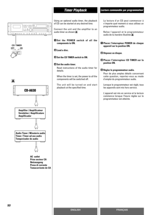 Page 50ENGLISHFRANÇAIS
Timer Playback
A
Lecture commandée par programmateur
50
Using an optional audio timer, the playback
of CD can be started at any desired time.
Connect the unit and the amplifier to an
audio timer as shown:
Set the POWER switch of all the
components to ON.
Load a disc.
Set the CD TIMER switch to ON.
Set the audio timer.
Read instructions of the audio timer for
details.
When the timer is set, the power to all the
components will be switched off.
The unit will be turned on and start
playback...