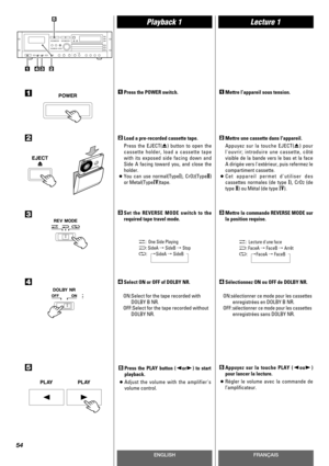 Page 54ENGLISHFRANÇAIS
Playback 1
1
Lecture 1
54
Press the PLAY button (hory) to start
playback. 
