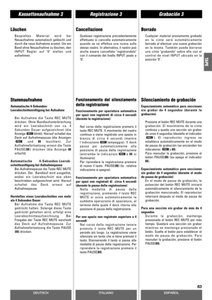 Page 63DEUTSCHESPAÑOL
Registrazione 3Kassettenaufnahme 3Grabación 3
63
ITALIANO
TAPE
Löschen
Bespieltes Material wird bei
Neuaufnahme automatisch gelöscht und
durch die neue Aufnahme ersetzt. Um ein
Band ohne Neuaufnahme zu löschen, den
INPUT Regler auf 0 stellen und
aufnehmen.
Cancellazione
Qualsiasi registrazione precedentemente
effettuata si cancella automaticamente
quando se ne effettua una nuova sullo
stesso nastro. In alternativa, il nastro può
anche essere cancellato registrandolo
con il comando del...