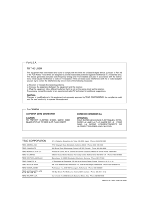 Page 17PRINTED IN CHINA 0799U.
M-1529A
TEAC CORPORATION3-7-3, Nakacho, Musashino-shi, Tokyo 180-8550, Japan   Phone: (0422) 52-5082
TEAC AMERICA, INC. 7733 Telegraph Road, Montebello, California 90640   Phone: (323) 726-0303
TEAC CANADA LTD. 340 Brunel Road, Mississauga, Ontario L4Z 2C2, Canada   Phone: 905-890-8008
TEAC MEXICO, S.A. De C.V Privada De Corina, No.18, Colonia Del Carmen Coyoacon, Mexico DF 04100 Phone: 5-658-1943
TEAC UK LIMITED 5 Marlin House, Marlins Meadow, The Croxley Centre, Watford, Herts....