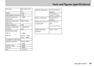Page 19
18 — TASCAM CD-BT1
TASCAM CD-BT1 —  19

Facts and figures (specifications)
Disc types8cm single, 12cm CDAD/DA16-bitDigital signal processing32-bitNominal output level (LINE OUT)–10dBV
Maximum output level (LINE OUT)0dBV (1Vrms)
Output impedance1kΩMaximum output level (PHONES)> 18mW (into 32ΩNominal input levels
LINE IN
BASS IN
–10dBV
passive: -15dBVactive: -10dBVCD playback characteristicsFrequency response20Hz to 20kHz ±1.0dBDynamic range> 88dBS/N ratio> 88dBTHD< 0.015%
Voltage requirementsDC 9V...
