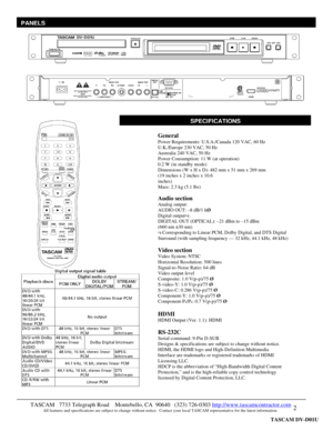 Page 2 
2TASCAM   7733 Telegraph Road    Montebello, CA  90640   (323) 726-0303 http://www.tascamcontractor.com             All features and specifications are subject to change without notice.  Contact your local TASCAM representative for the latest information.   
 
 
 
 
 
 
 
 
 
 
 
 
 
 
 
 
 
 
 
 
 
 
 
 
 
 
 
 
 
 
 
 
 
 
 
 
 
 
SPECIFICATIONS
PANELS
General 
Power Requirements: U.S.A./Canada 120 VAC, 60 Hz 
U.K./Europe 230 VAC, 50 Hz 
Australia 240 VAC, 50 Hz 
Power Consumption: 11 W (at...