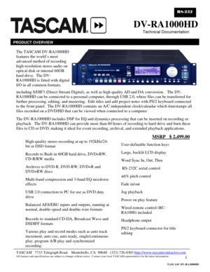 Page 1 
1
                       
 
 
                  
 
 
  
 
 
 
 
 
 
 
 
 
 
                                                                                   
 
 
 
                                                                                                     
 
 
 
 
 
 
 
 
 
 
 
 
 
 
 
 
 
 
 
 
 
 
 
 
DV-RA1000HD
        Technical Documentation 
PRODUCT OVERVIEW
including S/DIF3 (Direct Stream Digital), as well as high quality AD and DA conversion.   The DV-
RA1000HD can be connected to a...