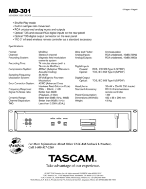Page 66 Pages - Page 6
MD-301
MINIDISC RECORDER________________________________________________________
Specifications
Format: MiniDisc
Channel: Stereo 2-channel
Recording System: Magnetic field modulation
overwrite system
Recording Time: 74 minutes stereo (with a
74-minute MiniDisc)
Compression System: ATRAC (Adaptive TRansform
Acoustic Coding)
Sampling Frequency: 44.1KHz
Modulation System: EFM (Eight to Fourteen
Modulation)
Error Correction System:
ACIRC (Advanced Cross
Interleave Reed-Solomon Code)...