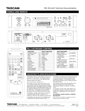 Page 2MD-301mkII Technical Documentation
                                       7733 Telegraph R oad    •   Montebello , CA 90640    •   (323) 726-0303    •   http://www .tascam.comAll features and specifications are subject to change without notice.  C\
ontact y our local TASCAM representativ e for the latest information.Page 2 of 2MD-301mkII_TECHDOC.pdf032500
PANELS AND REMOTE
PS/2 KEYBOARD CONTROL
ARCHITECTS SPECIFICATIONS
The MiniDisc recorder shall be able to mount in a standard 19 r ack mount....