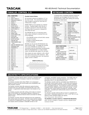 Page 2MD-801RmkII Technical Documentation
                                       7733 Telegraph R oad    •   Montebello , CA 90640    •   (323) 726-0303    •   http://www .tascam.comAll features and specifications are subject to change without notice.  C\
ontact y our local TASCAM representativ e for the latest information.Page 2 of 3MD-801RmkII_TECHDOC.pdf032500
PARALLEL CONTROL I/O
The MiniDiscMiniDisc in stereo for 74 minutes or mono for 144 minutes of record time.
The MiniDisc system to ensure the best...