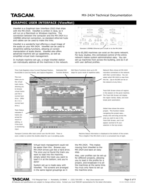 Page 6MX-2424 Technical Documentation
                                       7733 Telegraph R oad    •   Montebello , CA 90640    •   (323) 726-0303    •   http://www .tascam.comAll features and specifications are subject to change without notice.  C\
ontact y our local TASCAM representativ e for the latest information.Page 6 of 9MX -2424_TECHDOC_021800.pdf
GRAPHIC USER INTERFACE (ViewNet)
the MX -2424.  This mak esmoving from ViewNet to the MX-2424 and back an easy step .  
Alsofor different projects,...