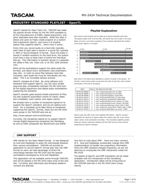 Page 7MX-2424 Technical Documentation
                                       7733 Telegraph R oad    •   Montebello , CA 90640    •   (323) 726-0303    •   http://www .tascam.comAll features and specifications are subject to change without notice.  C\
ontact y our local TASCAM representativ e for the latest information.Page 7 of 9MX -2424_TECHDOC_021800.pdf
INDUSTRY STANDARD PLAYLIST - OpenTL
OpenTL stands for Open T rack List.  T ASCAM has madethe pla ylist format written b y the MX-2424 available toall the...