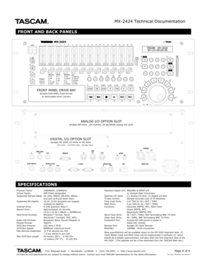 Page 9MX-2424 Technical Documentation
                                       7733 Telegraph R oad    •   Montebello , CA 90640    •   (323) 726-0303    •   http://www .tascam.comAll features and specifications are subject to change without notice.  C\
ontact y our local TASCAM representativ e for the latest information.Page 9 of 9MX -2424_TECHDOC_021100.pdf
FRONT AND BACK PANELS
SPECIFICATIONS
CLEARDISCARDSPLITCOPYCUT
LOCALCUTPASTE
SYNCPASTEINST
SYNCINSERTOPEN
IN         NOWUNDOREDO...