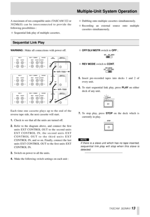 Page 13TASCAM 302MKII 13
A maximum of ten compatible units (TASCAM 322 or
302MkII) can be interconnected to provide the
following possibilities : 
“Sequential link play of multiple cassettes. 
“Dubbing onto multipie cassettes simultaneously. 
“Recording an external source onto multiple
cassettes simultaneously. 
WARNING : Make all conncctions with power off. 
Each time one cassette plays up to the end of the
reverse tape side, the next cassette will start.
1.Check to see that all the units are turned off....