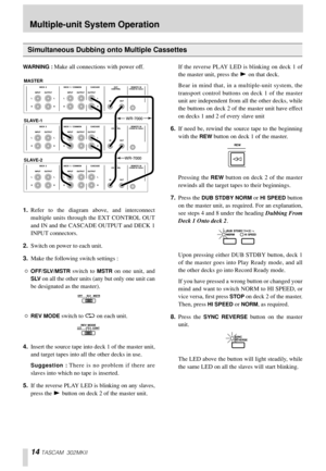 Page 1414 TASCAM 302MKII
WARNING : Make all connections with power off. 
1.Refer to the diagram above, and interconnect
multiple units through the EXT CONTROL OUT
and IN and the CASCADE OUTPUT and DECK 1
INPUT connectors. 
2.Switch on power to each unit. 
3.Make the following switch settings : 
“OFF/SLV/MSTR switch to MSTR on one unit, and
SLV on all the other units (any but only one unit can
be designated as the master).
“REV MODE switch to ä on each unit. 
4.Insert the source tape into deck 1 of the master...