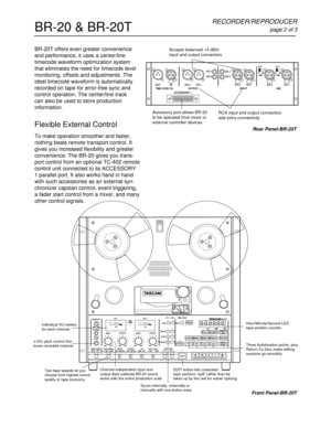 Page 2BR-20 & BR-20T
RECORDER/REPRODUCER
page 2 of 3
IN OUTCH 2
OUTPUT
ACCESSORY 1INPUT MICCH 1CH 1
CH 2CH 1
CH 2
TIME CODE CHCH 2CH 1CH 2CH 1
ATT
020
(dB)ATT
020
(dB)
Accepts balanced +4 dBm 
input and output connectors
RCA input and output connectors
add extra connectivity Accessory port allows BR-20
to be operated from mixer or
external controller devices
Rear Panel-BR-20T
POWER
CH 1
VU+-2010753
3 0CH 2
VU+-2010753
3 0
LOC 1AUTO
PLAY LOC 3
MEMO 1
RTZ
SPOOLCHECKDIRECT
LOC
MEMO 3
RESET
NUMBER
LOC 2
MEMO 2...